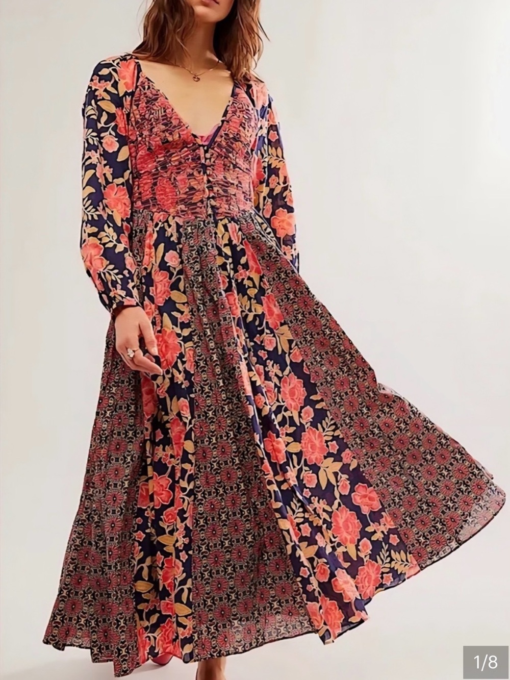 Free People “A New Way” Maxi Dress with Smocked Button-Down Bodice with Pockets!